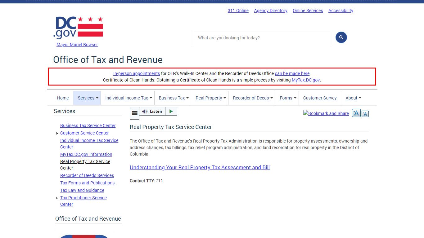 Real Property Tax Service Center | otr - Washington, D.C.